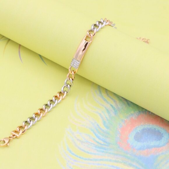 "Rose Gold & Silver Chain Bracelet with Crystal Accent Bar, XPBL0836 - Picture 3 of 13